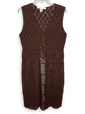 Vintage Brown Crochet Flower Duster Vest Festival Boho Indie Cottage Sz 8